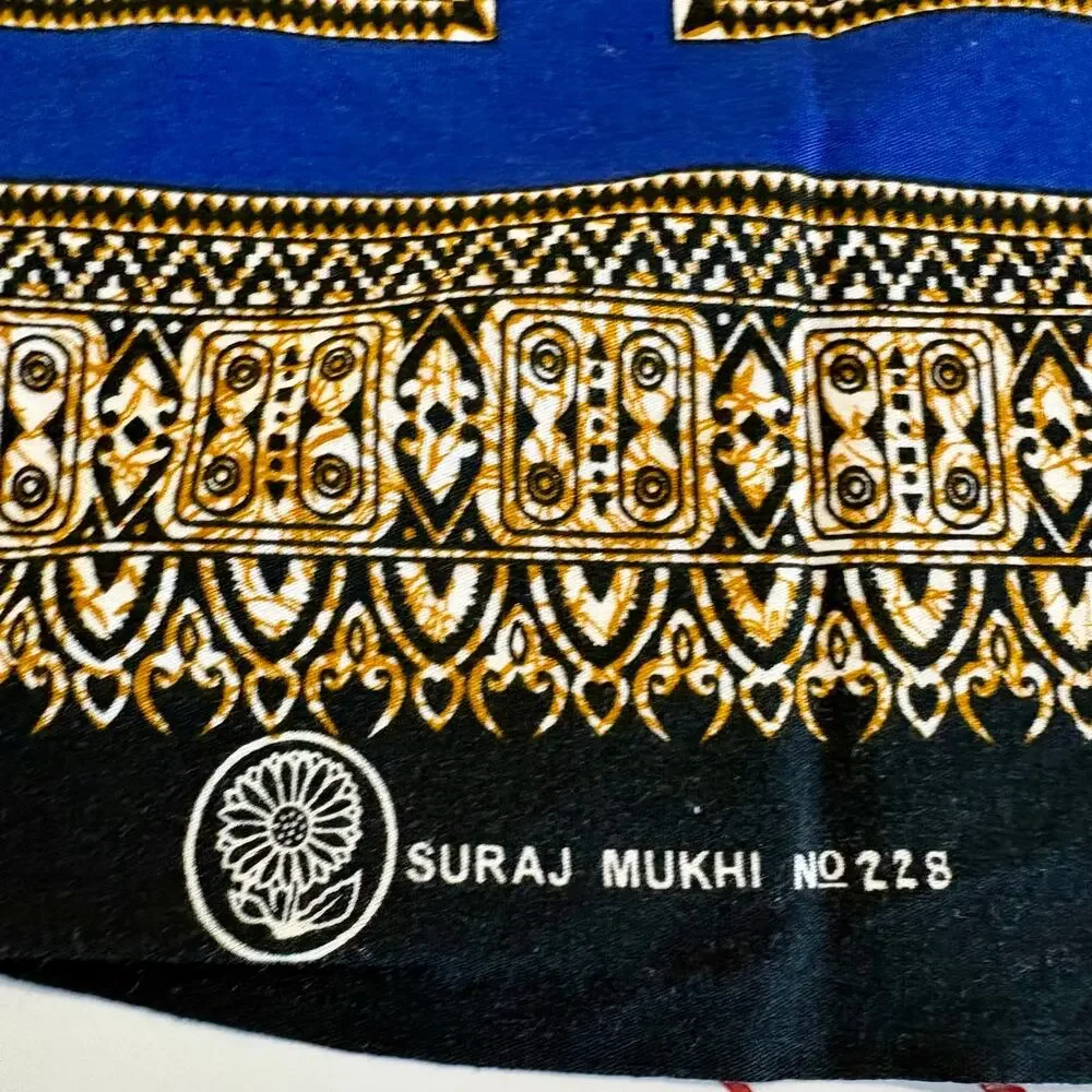 Vintage Suraj Mukhi Fabric Remnant Blue Hindu Motif Cotton Textile